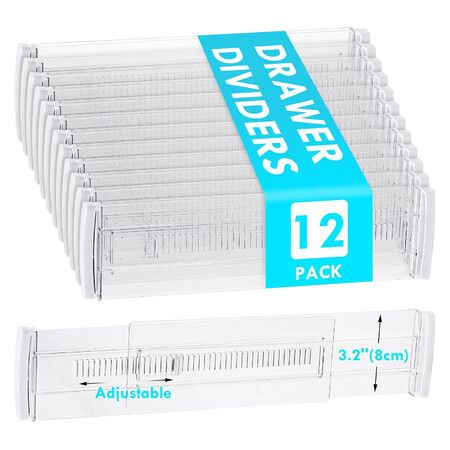 12 Pack Shallow Drawer Dividers,3.2 Inch Height Adjustable Expandable 11.3-20 Inch Clear Plastic Drawer Organizer Separators for Kitchen Utensils Clothes