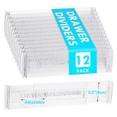 12 Pack Shallow Drawer Dividers,3.2 Inch Height Adjustable Expandable 11.3-20 Inch Clear Plastic Drawer Organizer Separators for Kitchen Utensils Clothes