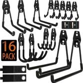 16 Pack Heavy Duty Steel Garage Storage Hooks,Anti-Slip Coated Wall Mount Utility Hangers for Bike Ladder Garden Tools Organizer,Black