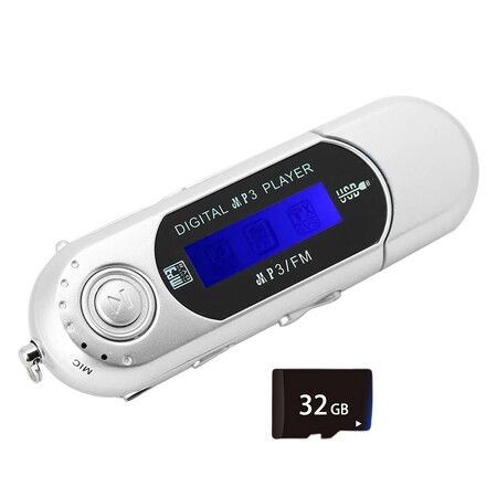 32G USB 2.0 Digital MP3 Music Player Portable LCD Screen Support FM Radio, 20 Hours Play, Silver