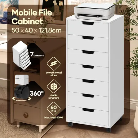 7 Drawers Mobile Filing Cabinet White Office Storage Unit Tall Vertical Drawer Cupboard Rolling File Organiser with Lockable Wheels 50x40x121.8cm