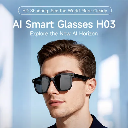 AI Smart Glasses Bluetooth 5.3 Calling Music Touch Voice Assistant AI Translation Real-Time Language Converter 8MP Camera 16GB Memory Gift COL Black