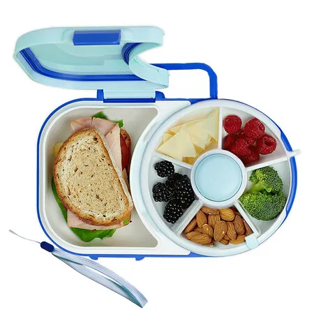 Kids Lunchbox with Small Snack Spinner Flip, 2 in 1 Bento Style Lunch Container, Blue