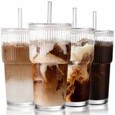 Iced Coffee Cups with Lids Coffee Bar Accessories Ribbed Glass Tumbler with Straw and Lid 4Pcs 20oz Leak Proof Tumbler Reusable Glass Cups and Tumblers