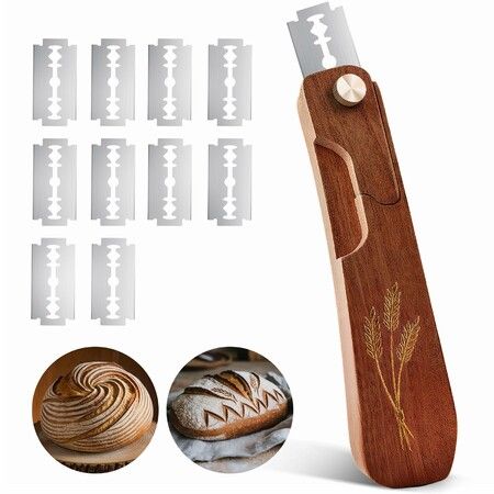 Wooden Bread Lame Dough Scoring Tool,Handcrafted Bread Scoring Tool for Sourdough Bread Baking,Sourdough Scoring Tool with Screw Lock & 10 Razor Blades