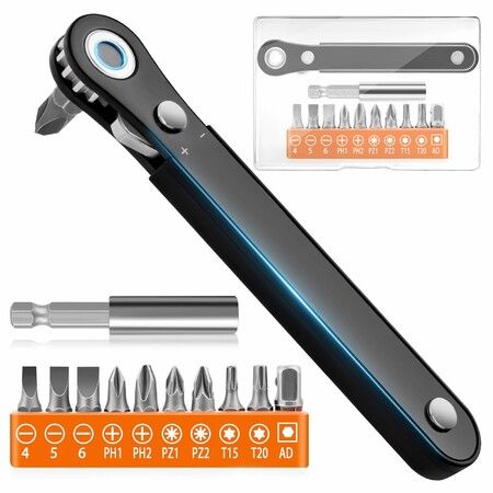 12 IN 1 Right Angle Screwdriver Mens Gifts, 90 Degree Offset Ratcheting Screwdriver Pocket Mini Low Profile Ratchet Wrench Bit Socket Set for Men