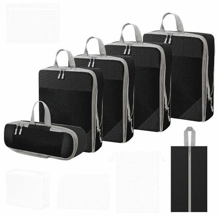 Compression Packing Cubes for Suitcases Travel Essentials 6 Set Rectangle Mesh Expandable Travel Bags Organizer for Luggage Black