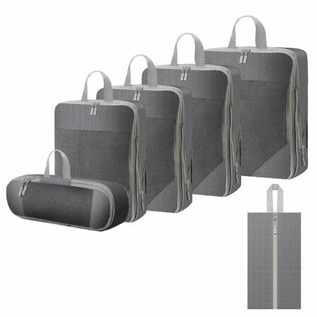 Compression Packing Cubes for Suitcases Travel Essentials 6 Set Rectangle Mesh Expandable Travel Bags Organizer for Luggage Grey