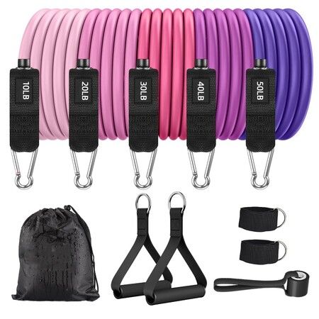 Resistance Bands Set with Handles,Ankle Straps Door Anchor,5 Levels Exercise Bands Max 150lbs Latex Workout Bands for Home Gym Strength Training,Pink