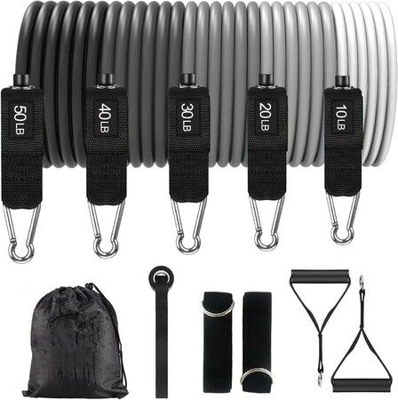 Resistance Bands Set with Handles,Ankle Straps Door Anchor,5 Levels Exercise Bands Max 150lbs Latex Workout Bands for Home Gym Strength Training,Grey