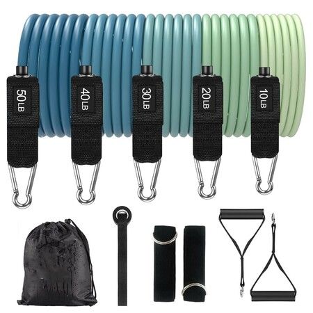 Resistance Bands Set with Handles,Ankle Straps Door Anchor,5 Levels Exercise Bands Max 150lbs Latex Workout Bands for Home Gym Strength Training,Blue