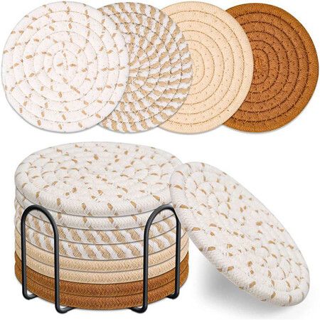 8pcs Cotton Woven Coasters for Drinks,Absorbent Coasters Set with Holder,Cup Coasters for Tabletops,Coffee Tables,Desks