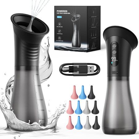 Electric Ear Wax Removal Kit, IPX7 Waterproof Ear Cleaner with One-Piece Waste Tank, Adjustable Water Pressure, LED Display & 11 Replaceable Nozzles