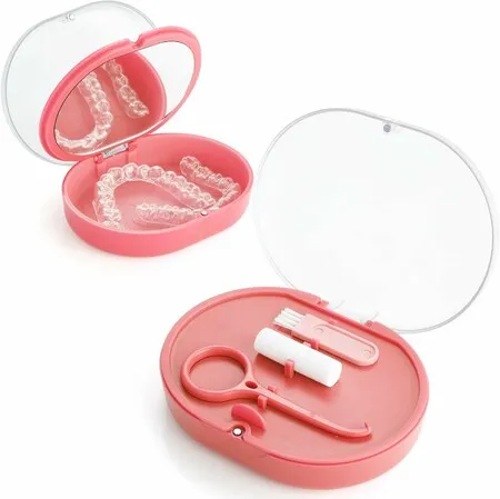 Double-layer Retainer Storage Case with Belt Chewing, Removal Tool, Cleaning Brush, Built in Mirror Orthodontic Retainer Case, Pink