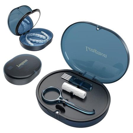 Double-layer Retainer Storage Case with Belt Chewing, Removal Tool, Cleaning Brush, Built in Mirror Orthodontic Retainer Case, Blue