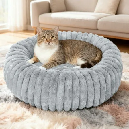 50CM Washable Small Cat Dog Bed,Calming Anti Anxiety Round Donut Cat Bed,Fluffy Puppy Dogs Beds Anti-Slip Comfort Pet Bed (Grey)
