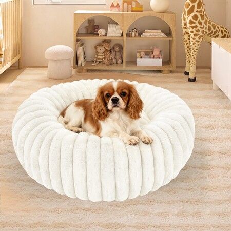 50CM Washable Small Cat Dog Bed,Calming Anti Anxiety Round Donut Cat Bed,Fluffy Puppy Dogs Beds Anti-Slip Comfort Pet Bed (White)