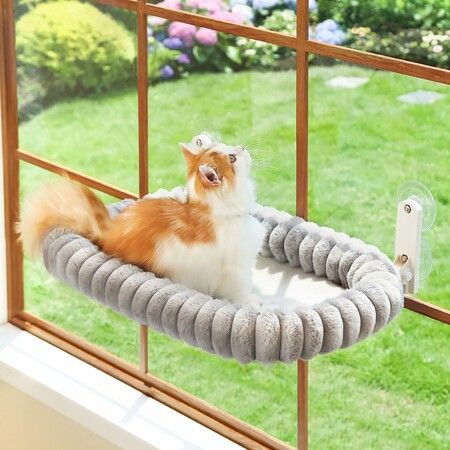 Foldable Cat Window Perch, Ultra Soft Machine Washable Bed with 4-Sided Bolster, Metal Frame Window Hammock for Cats (Gray)