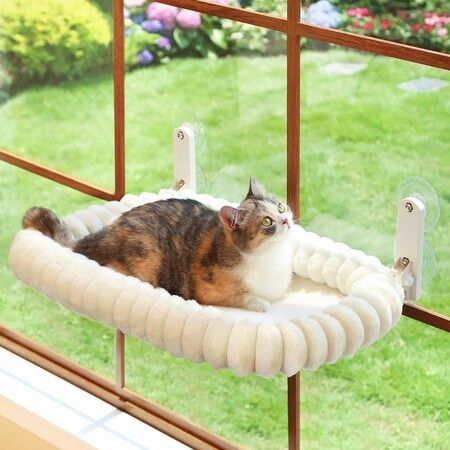 Foldable Cat Window Perch, Ultra Soft Machine Washable Bed with 4-Sided Bolster, Metal Frame Window Hammock for Cats (Cream White)