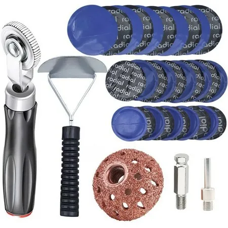 35Pcs Heavy Duty Tire Repair Patch Kit,32/45/58Mm Rubber Patches With 42Mm Buffing Wheel Roller Scraper Tool For Car Motorcycle Bike Tyre