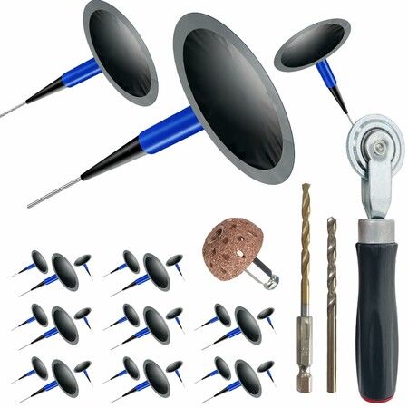 Tire Repair Patch Tool Kit Including 24Pcs Tire Patch Plugs,Tungsten Buffing Wheel,Tire Patch Roller With 4Mm Twist Drill Bits For Vehicle