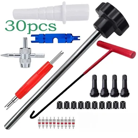 30Pcs Valve Stem Tool Kit Metal Tire Installer Tool Car Puller Wheel Tire Remover T-Hook Replacement Motorcycle Accessories