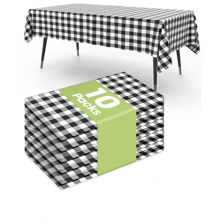 10 Pack Disposable Gingham Plastic Tablecloths 54×108 Inch Rectangle Black White Plaid Table Covers,Waterproof Leakproof Sturdy for Party Picnic Dining