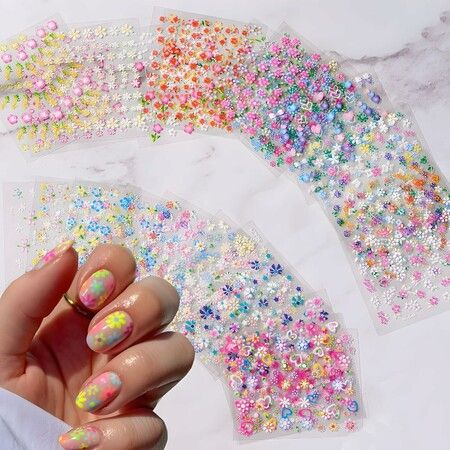 Colorful Cute Daisy, Floral, Flower Nail Art Stickers Decals, 3D Self Adhesive Supplies, Decoration Accessories for Women and Girls, 30 Sheets