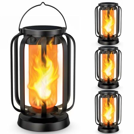 Solar Lanterns Outdoor Lights with Ultra-Real Flame,2 Charging (USB/Solar) & 2 Modes - Waterproof Decorative Hanging Table Lights 4 Pack