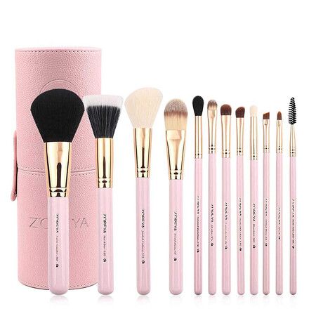 Travel Makeup Brush Set White 12pcs Makeup Brushes Premium Synthetic Hair Professional Foundation Powder Contour Blush Cosmetic Eye Brush Sets, Pink
