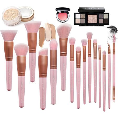 Makeup Brush Set, 15 Pcs Premium Synthetic Foundation Concealers Eye Shadows Make Up Brush, Eyeliner Brushes, Pink
