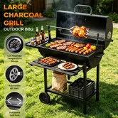 Charcoal BBQ Grill Smoker Trolley Portable Coal Garden Barbecue Table Stand Rolling Outdoor Camping Cooking Station Picnic Party Braai Rotisserie Spit