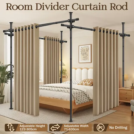 Room Divider Curtain Rod Kit No Drill Floor to Ceiling Adjustable Wall Tension Pole Privacy Separator Temporary Partition Office Living Sitting Lounge