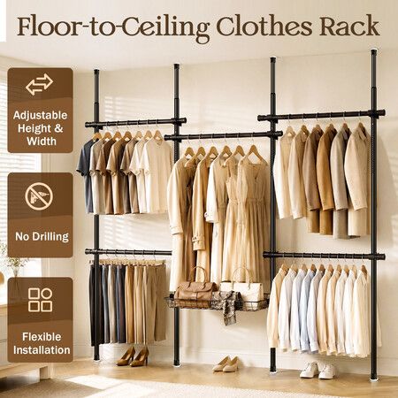 Floor to Ceiling Garment Rack Adjustable No Drill Wardrobe Organiser Clothes Rail Storage 5 Hanging Bars Wire Basket Bedroom Laundry Wall In Closet