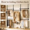Floor to Ceiling Garment Rack Adjustable No Drill Wardrobe Organiser Clothes Rail Storage 5 Hanging Bars Wire Basket Bedroom Laundry Wall In Closet