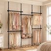 Floor to Ceiling Garment Rack Adjustable No Drill Wardrobe Organiser Clothes Rail Storage 5 Hanging Bars Wire Basket Bedroom Laundry Wall In Closet