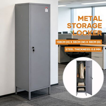 Steel Locker Cabinet Lockable Metal Storage Unit 138cm Tall Slim Wardrobe Cupboard for Home Office Garage School Gym Lab Dorm Organiser Hooks Shelf