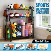 Sports Ball Storage Trolley Garage Gym Equipment Organiser Rolling Steel Rack Cart Basketball Football Yoga Mats Hooks Toys Bins Lockable Wheels Black