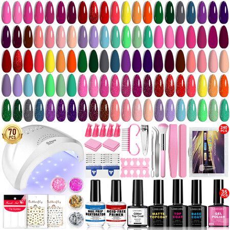 70Pcs Gel Nail Polish Kit UV Lamp 35 Colors Pink Nude Glitter Grey Base Coat Glossy Matte Top Coat Full Nail Art Starter Kit Home Salon Christmas Gift