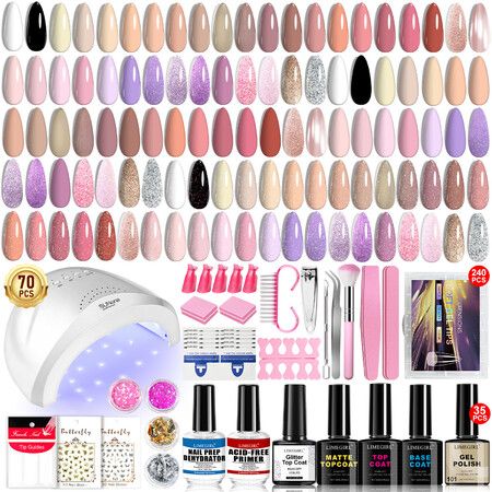 70Pcs Gel Nail Polish Kit UV Lamp 35 Colors Pink Nude Glitter Grey Base Coat Glossy Matte Top Coat Full Nail Art Starter Kit Home Salon Christmas Gift