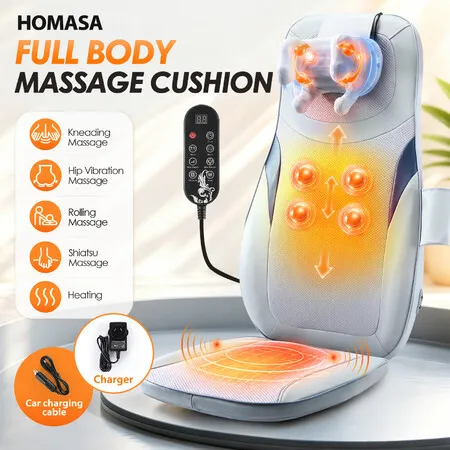 HOMASA Massage Cushion Back Neck Shiatsu Massager Chair Pad Car Seat Heat Vibration Electric Deep Kneading Roller Adjustable Speed Thermal Mat Grey