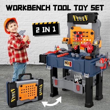 65PCS Kids Workbench Toy Tool Set 2-in-1 Portable Tool Carry Case Children’s Pretend Play Construction Workshop DIY Educational Toy for Toddlers 3+