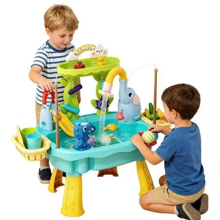 Sand Water Table Toy  Water Pump  Faucet Sensory  Kids Girls Boys Battery Operated Elephant Splash Park Pretend Meal Fishing Playset COL Blue (
