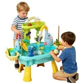 Sand Water Table Toy Water Pump Faucet Sensory Kids Girls Boys Battery Operated Elephant Splash Park Pretend Meal Fishing Playset COL Blue (