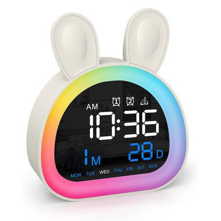 Kids Alarm Clock Touch Control Bluetooth Time Sync 9 Color Night Light 6 Soothing Sounds Dual Alarm Cute Rabbit Gift for Girls Voice Control 1200mAh
