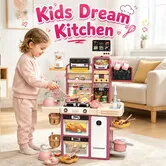 Kids Play Kitchen Set Pretend Cooking Toys Battery Powered Steam Stove Water Sink Coffee Machine Microwave Food Playset Light Sound 94x68.5x23.5cm