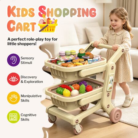 Kids Shopping Cart Trolley Supermarket Toys Playset 2 Detachable Grocery Baskets 33PCS Play Food Accessories Educational Pretend Role Toy for Toddlers