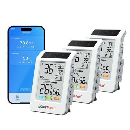 WiFi Thermometer Hygrometer with Backlight,Weather & Time,Solar-Powered Indoor Outdoor Temperature Humidity Monitor with App Alerts 3 Pack