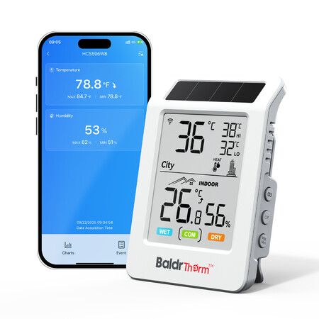 WiFi Thermometer Hygrometer with Backlight,Weather & Time,Solar-Powered Indoor Outdoor Temperature Humidity Monitor with App Alerts 1 Pcs
