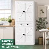 White Kitchen Pantry Cabinet Barn Doors Tall Freestanding Dining Room Larder Cupboard Side Storage Organiser Unit with Drawer Adjustable Shelves 175cm